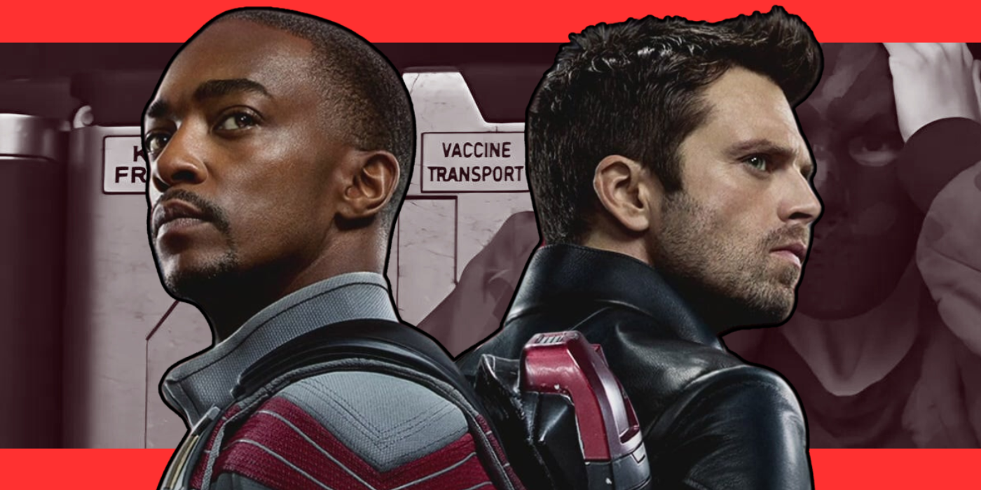 Sam Wilson and Bucky stand back to back in front of a case of Vaccine Cases in Falcon and the Winter Soldier.