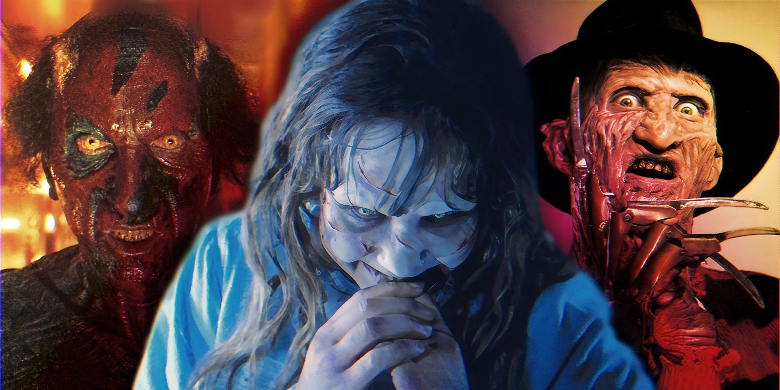 Insidious’s Lipstick Face and Freddy Krueger snarling alongside The Exorcist’s Regan smiling shyly.