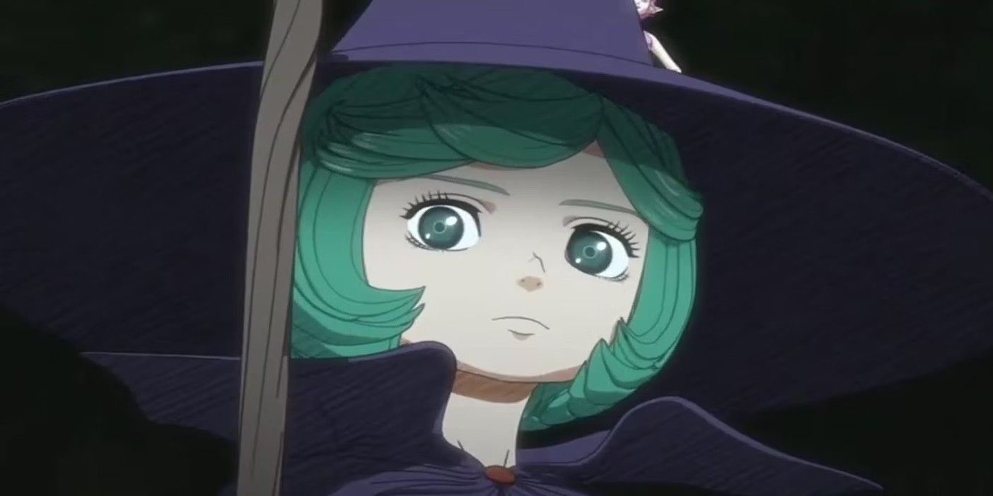 Schierke do anime Berserk em sua roupa de bruxa, segurando seu cajado de madeira