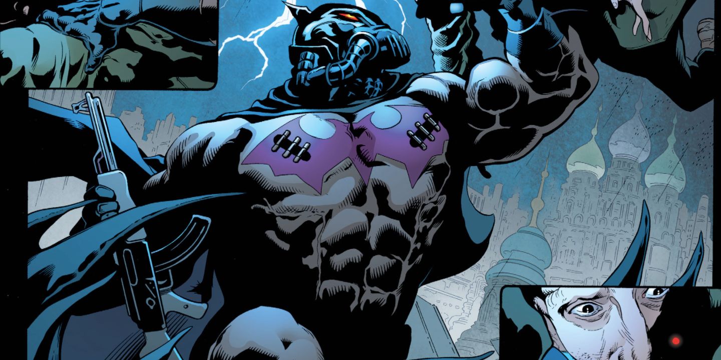 Batman of Moscow standing tall with lightning in background; from DC Comics