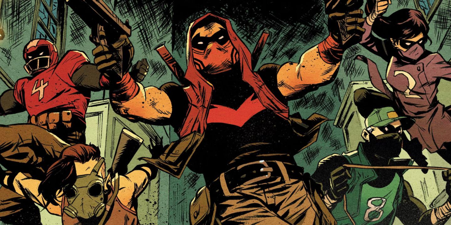 Red Hood and the Hill Street Gang from DC Comics are holding various weapons.