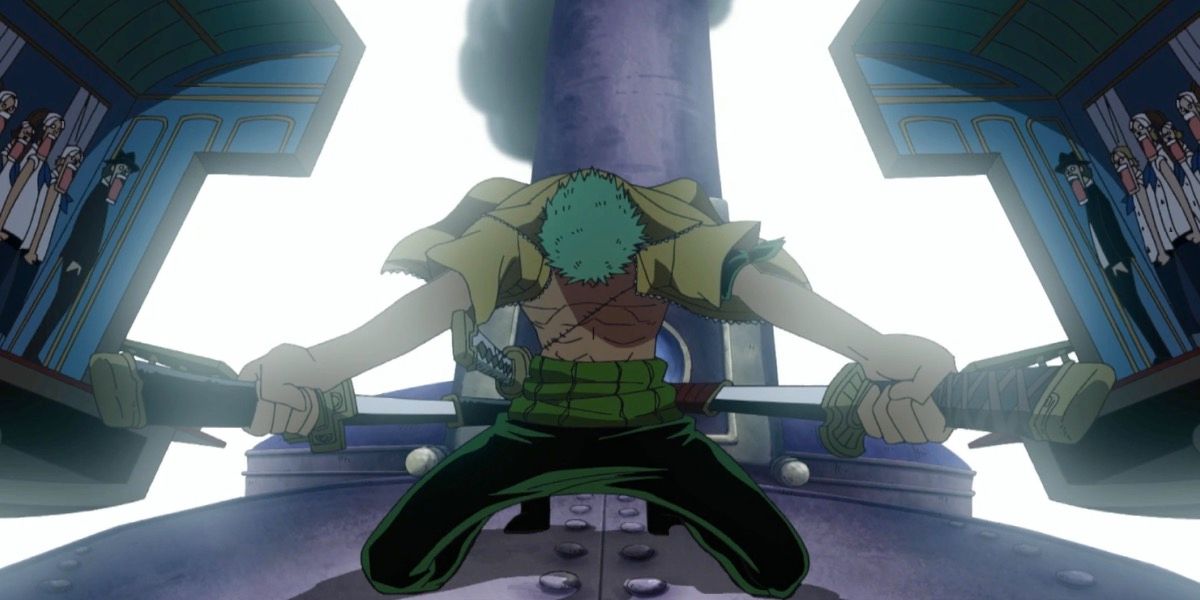 One Piece -- Zoro sheathing two swords while kneeling