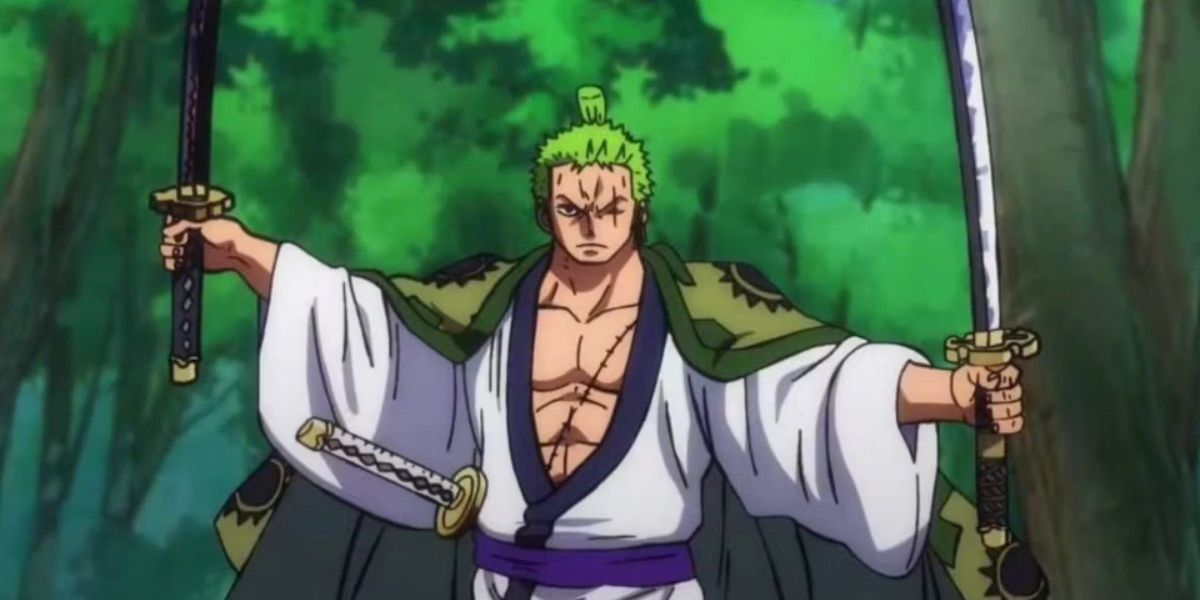 One Piece's Zoro holding two swords and pointing them upwards