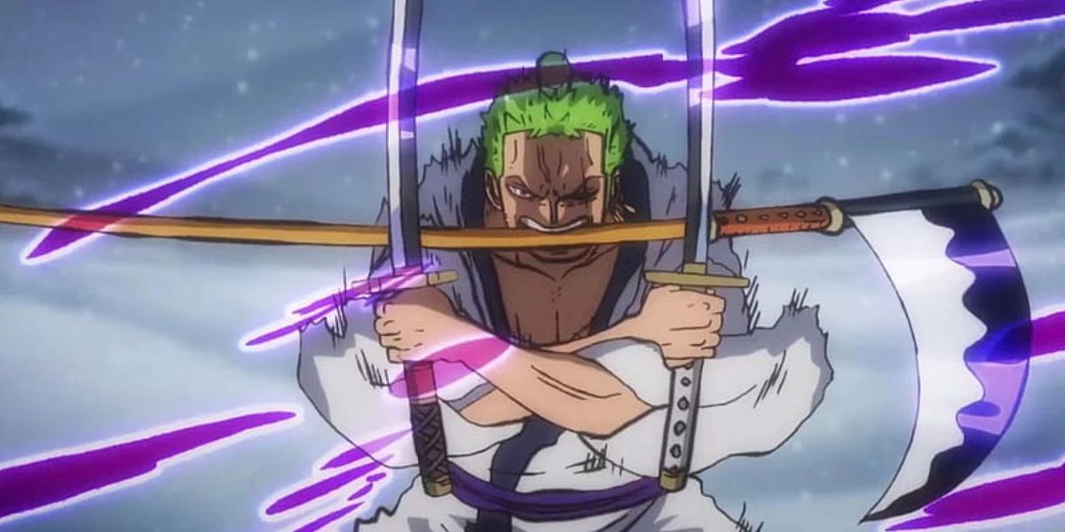 Zoro performs the stance for the Purgatory Onigiri in One Piece