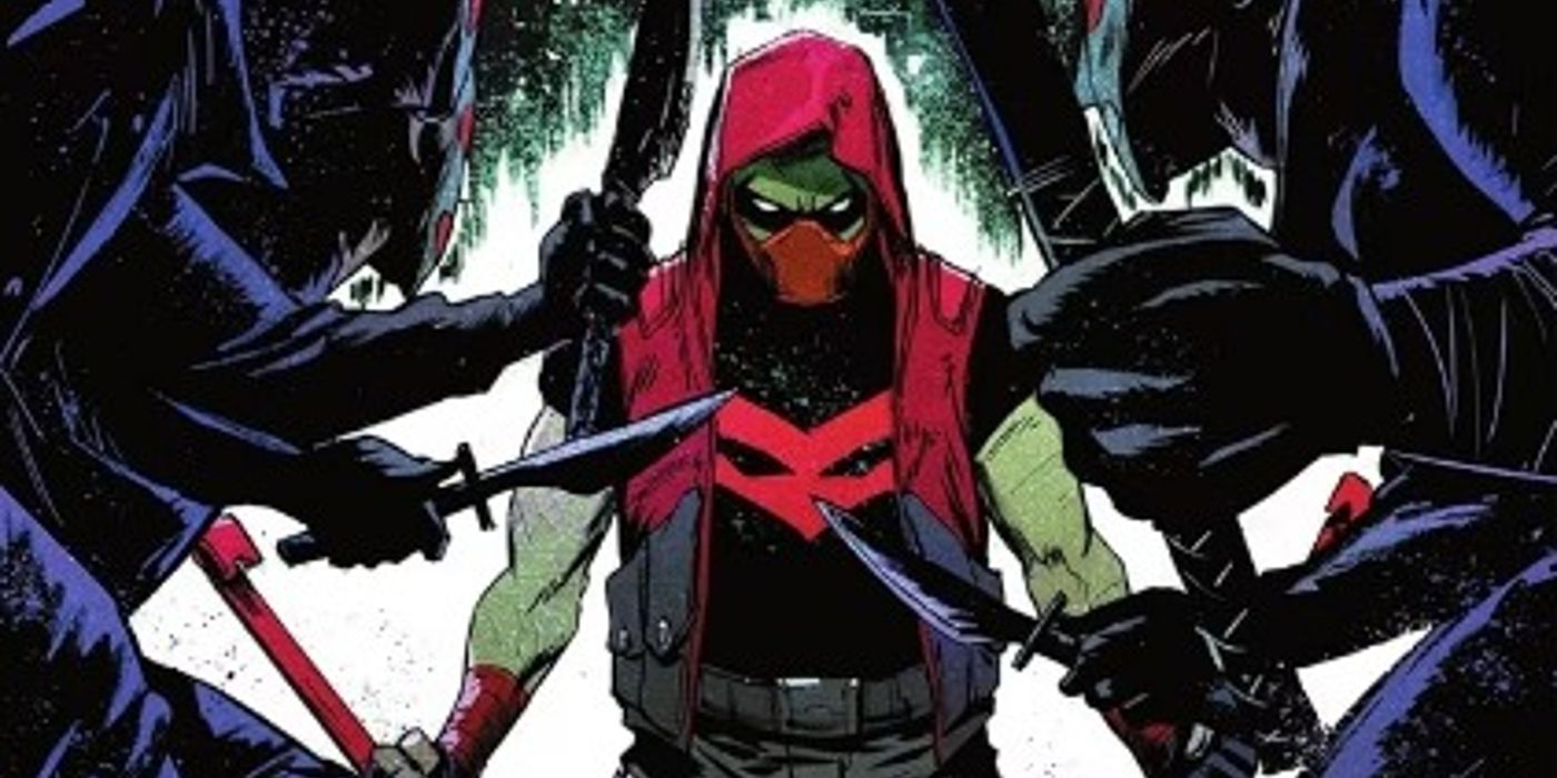 Red Hood (Jason Todd) fighting off a gang in the DC Comics Red Hood: The Hill #1 cover.