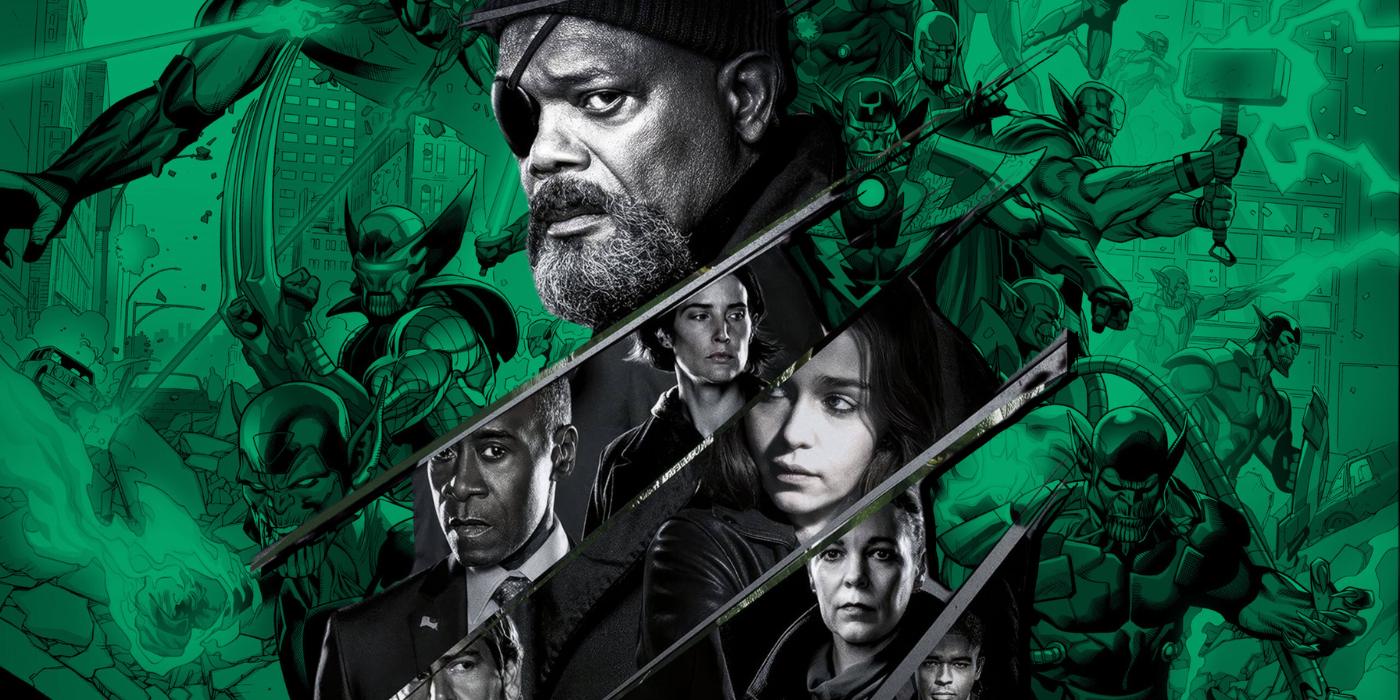 Custom Image of Nick Fury, Rhodey, Maria Hill, G'iah, and Sonya Faisworth look serious in Marvel's Secret Invasion