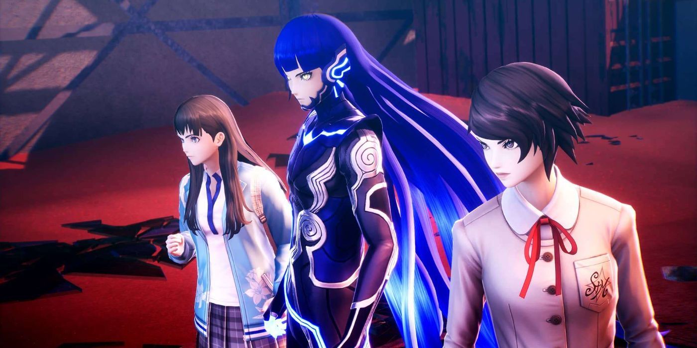 The protagonist and two side characters stand beside each other in Shin Megami Tensei V Vengeance.