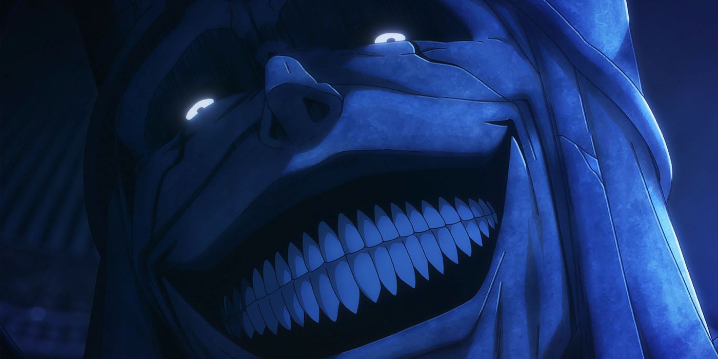 The Statue of God smiling with glowing eyes in the Solo Leveling anime.