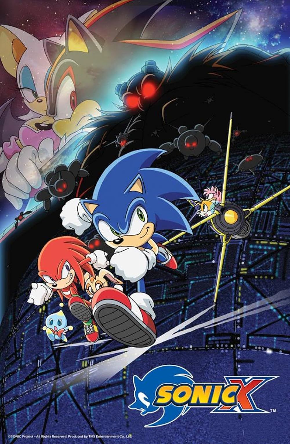 Sonic e Knuckles correndo enquanto Eggman assiste no pôster oficial de TV do Sonic X