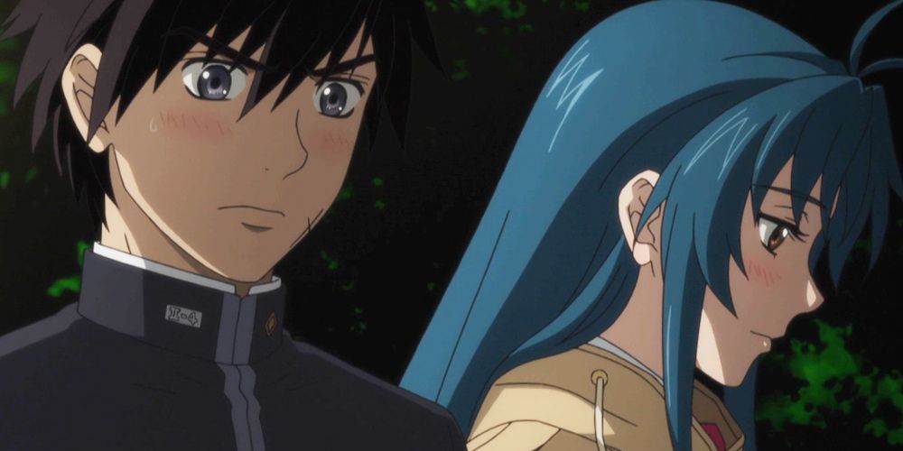 Sousuke and Kaname blush and look away from each other in Full Metal Panic! Invisible Victory