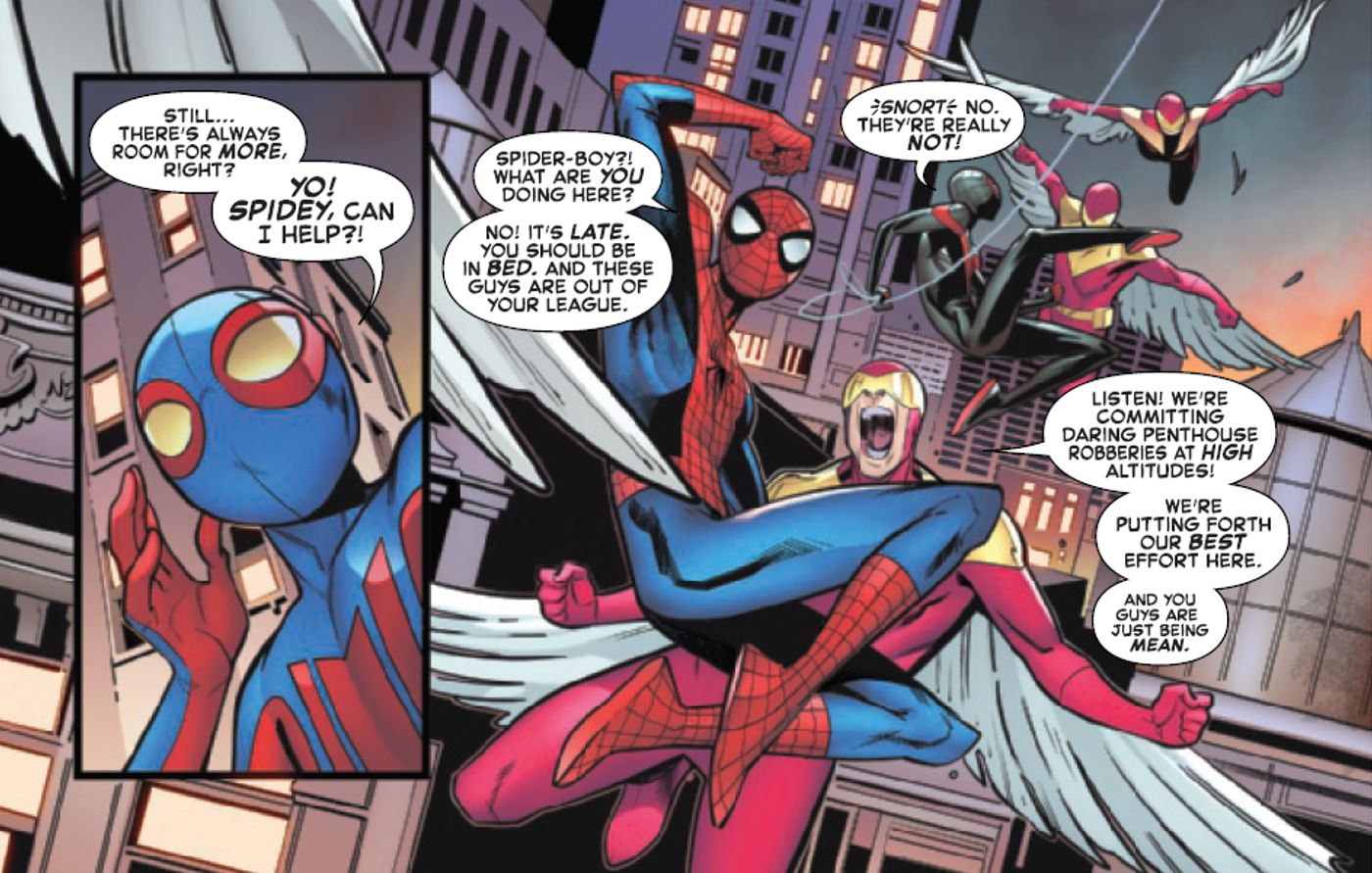 Peter Parker e Miles Morales lutando contra os abutres enquanto o Menino-Aranha tenta ajudar