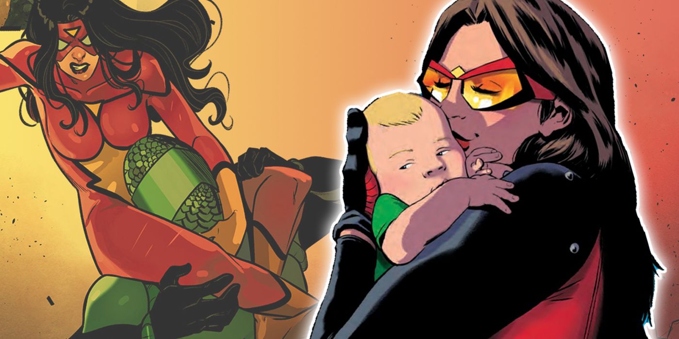 Spider-Woman holding her son Gerry Drew while she fights the Green Mamba in the background