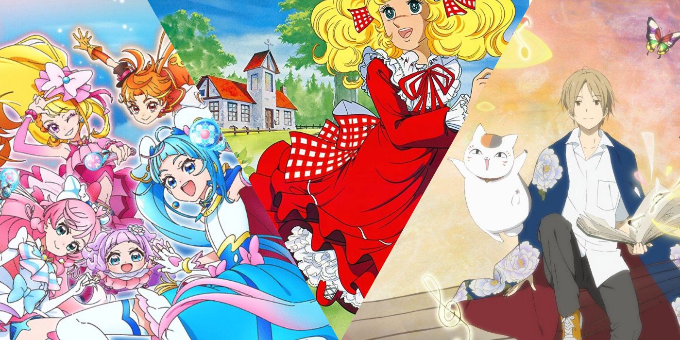Split image of the main cast of Soaring Sky Precure, the titular heroine of Candy Candy, and Natsume from Natsume's Book of Friends