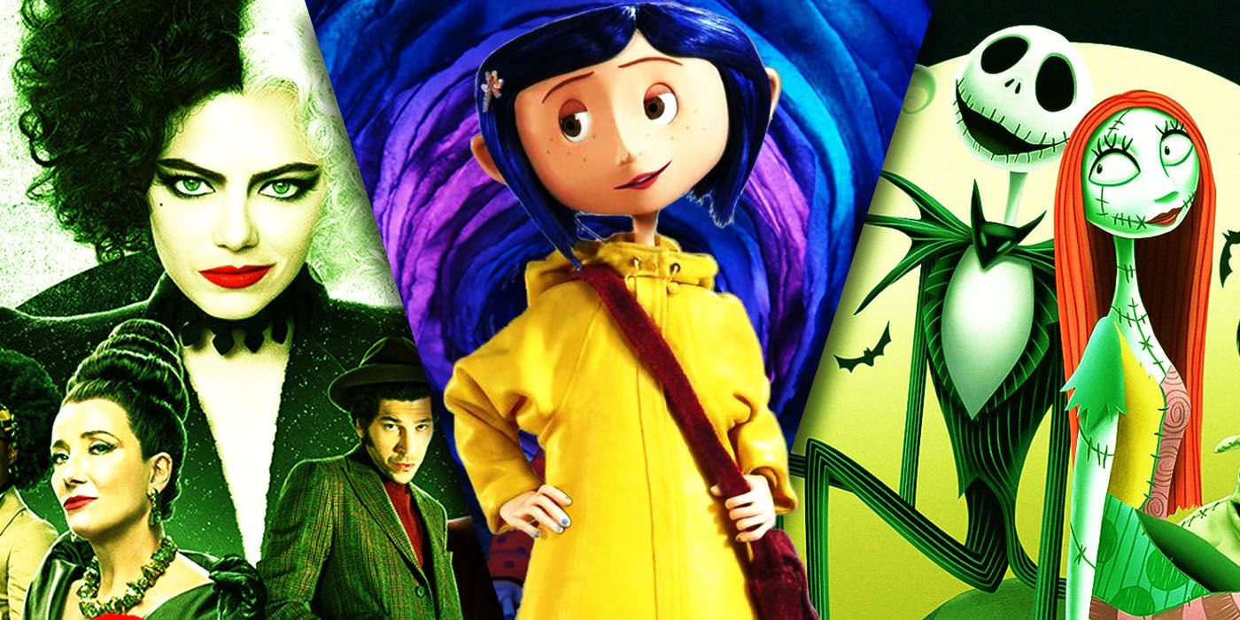 Split Images of Coraline, Nightmare Before Christmas, and Cruella
