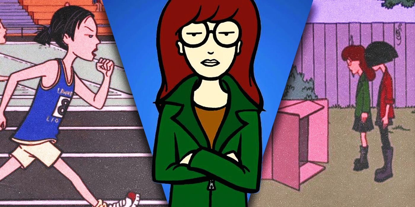 Split Images of Daria: Jane running on a track, Daria with her arms crossed, Jane & Daria standing outside