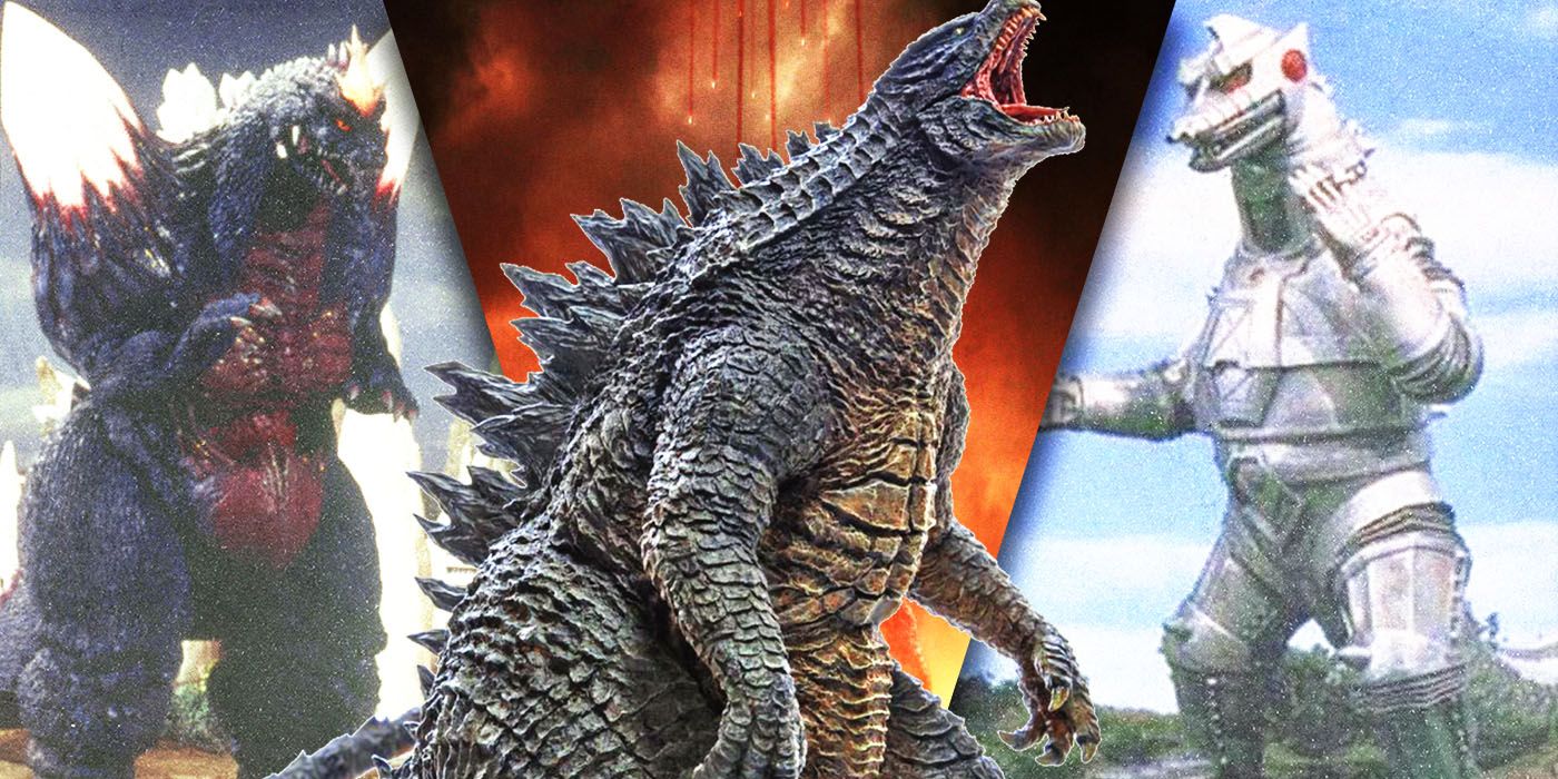 Split Images of Spacegodzilla, Godzilla, and Mecha Godzilla