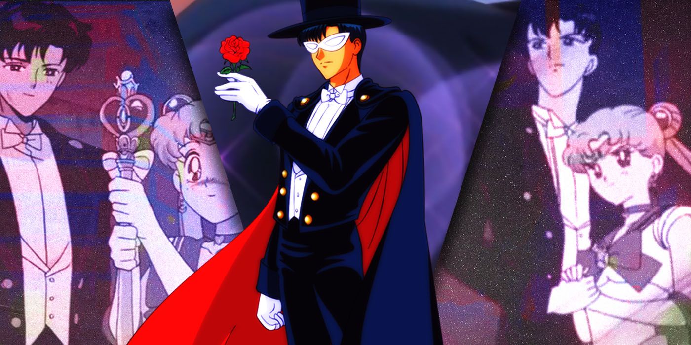 Split Images of Sailor Moon and Tuxedo Mask; Tuxedo Mask holding a rose in the center