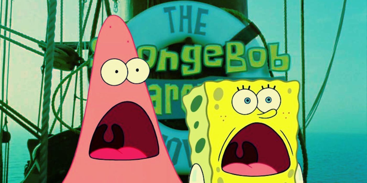 SpongeBob and Patrick stand shocked at the opening title of the SpongeBob Movie.