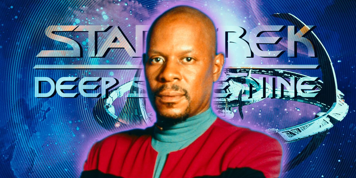 Captain Sisko superimposd over the Deep Space Nine station and Star Trek title treatment
