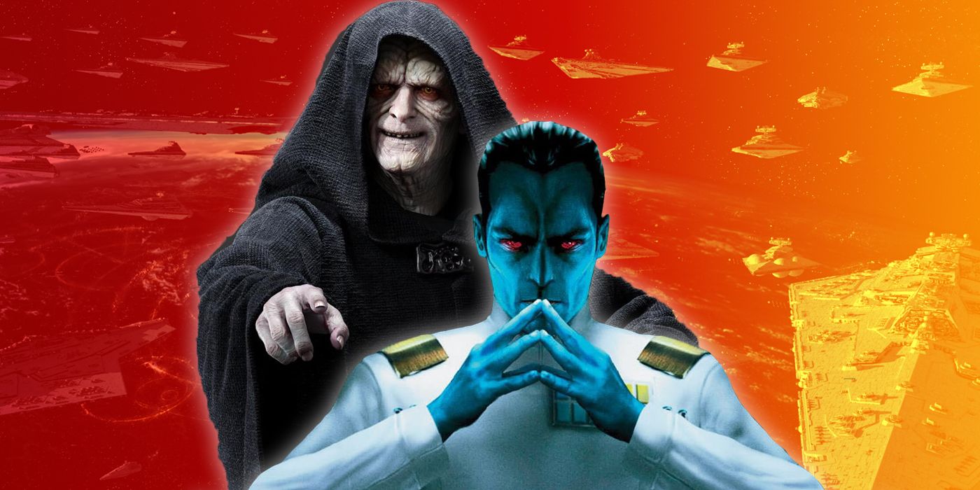 Emperor Palpatine and Grand Admiral Thrawn from Star Wars with the Imperial Fleet in the background