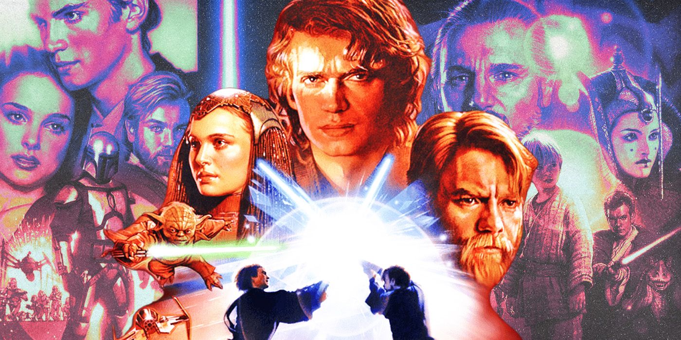 Un collage de carteles de cada película de la trilogía de precuelas de Star Wars.