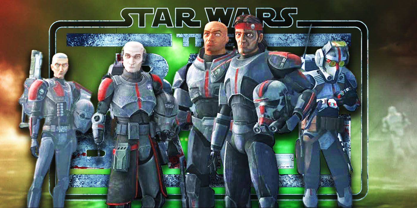 Star Wars The Bad Batch Season 3 logo behind standing cast of clones in armor