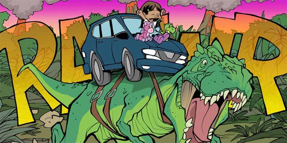 Una niña viaja en un coche atada a un dinosaurio en el cómic Relleno