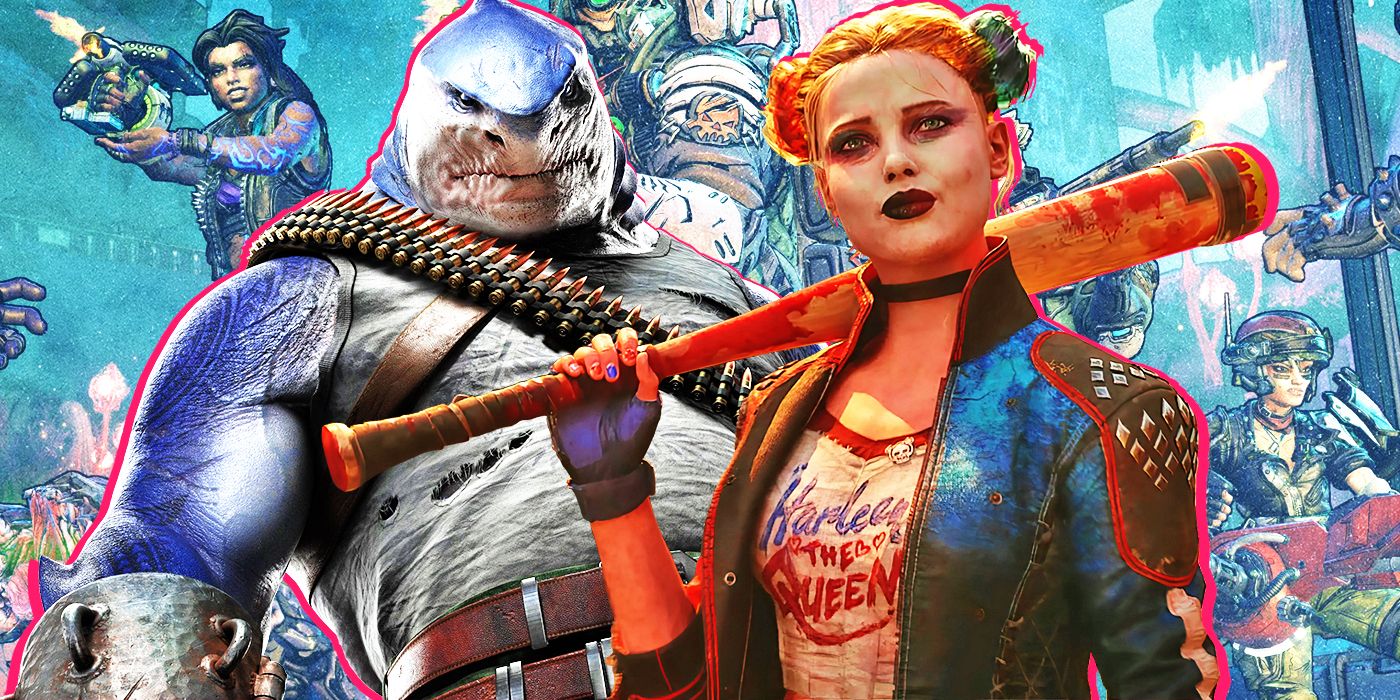 Suicide Squad's Harley Quinn and King Shark in front of Borderlands heroes