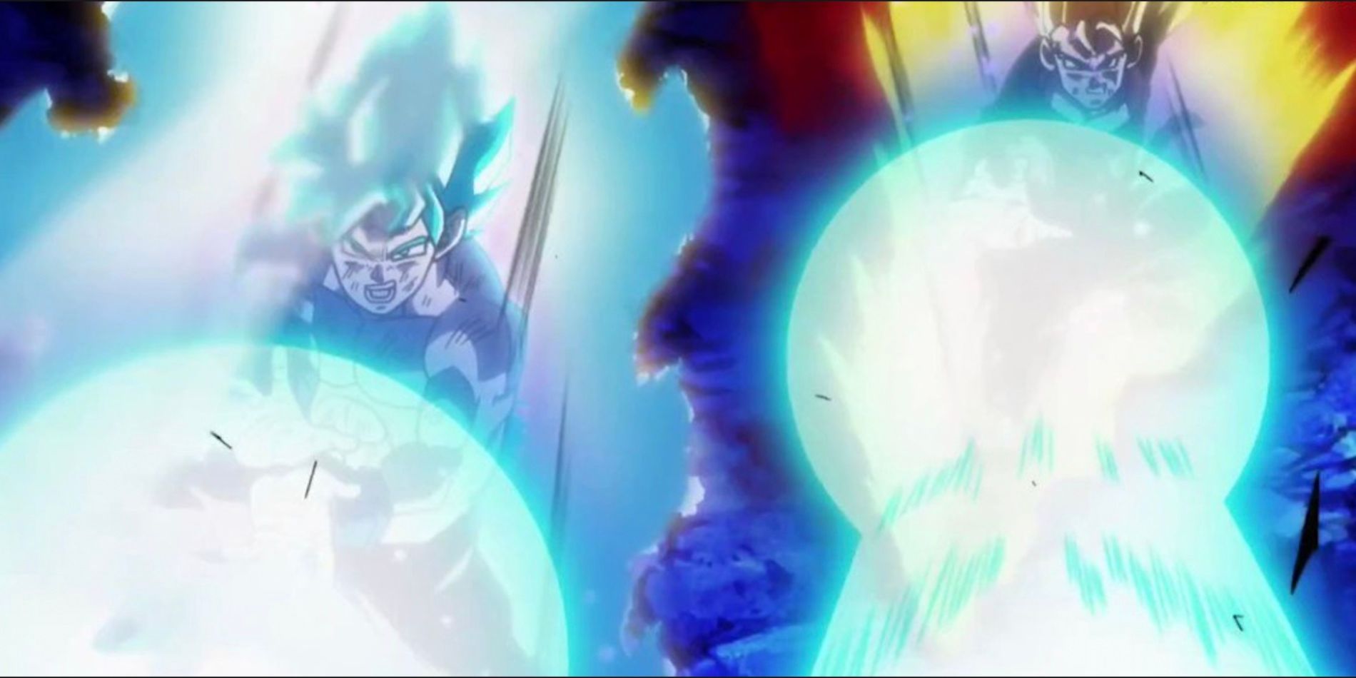 Goku and Future Gohan both fire Kamehameha at Demigra in Super Dragon Ball Heroes.
