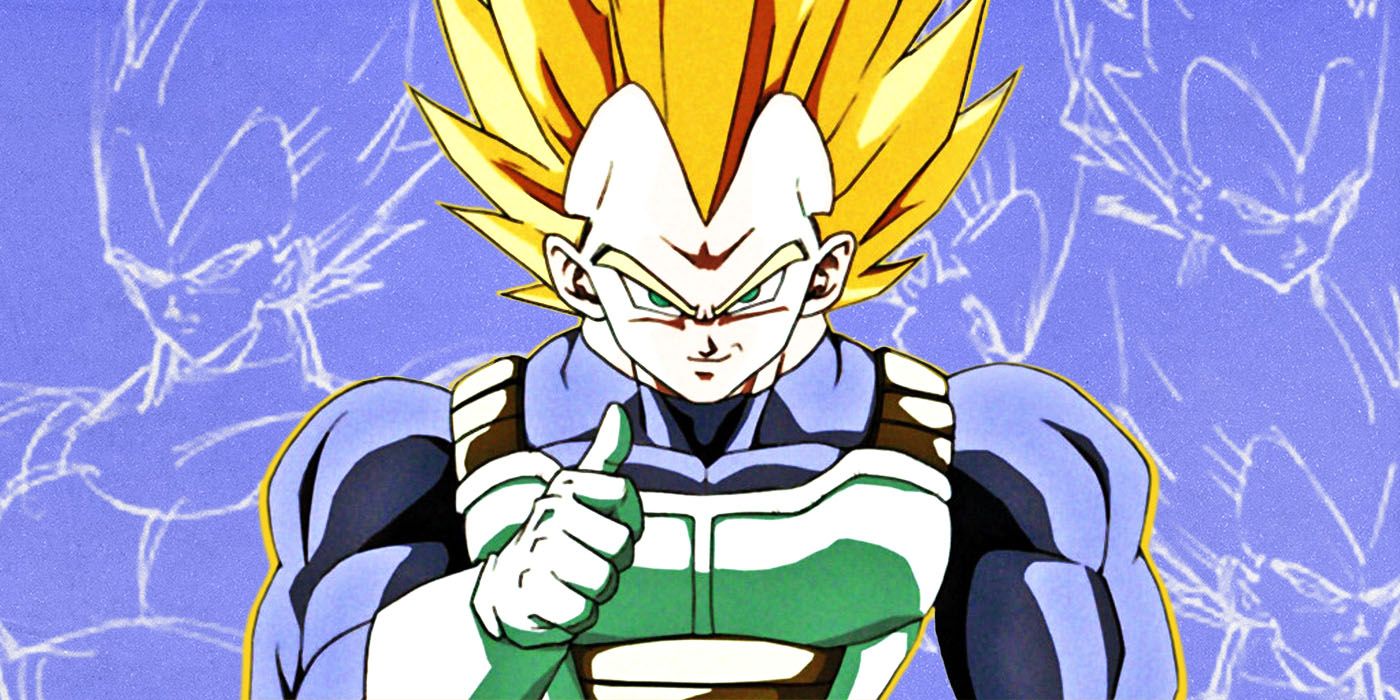 Super Vegeta smirks and gestures to himself with his thumb in Dragon Ball Z