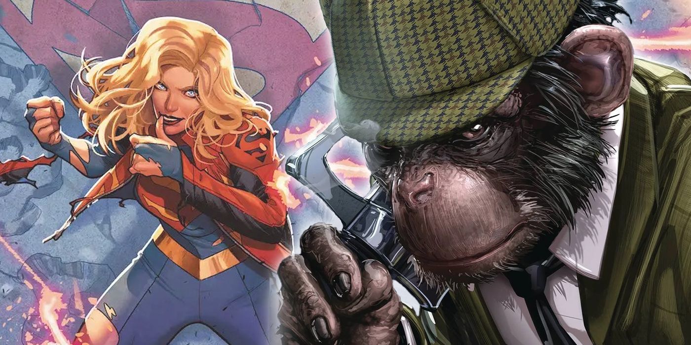 Supergirl dodges fire while Detective Chimp holds a sword from DC Comics