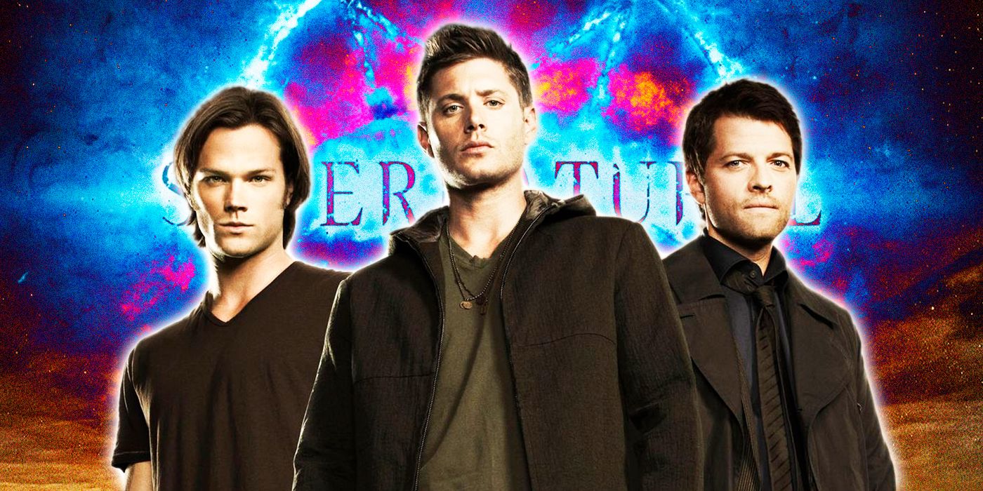 The core cast of Supernatural in front of a promo banner that features the Supernatural logo