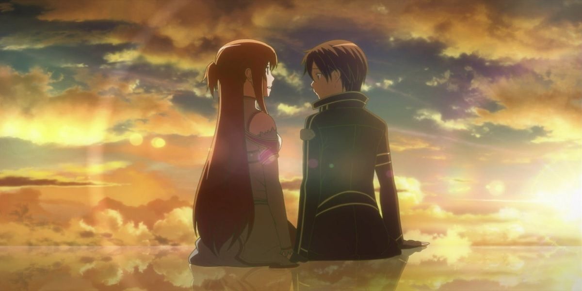 Kirito e Asuna sentados juntos no final de Aincrad, Sword Art Online