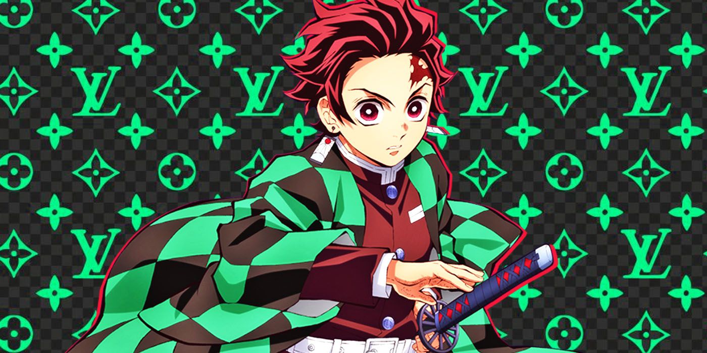 Tanjiro from the Demon Slayer anime against a Louis Vuitton logo background