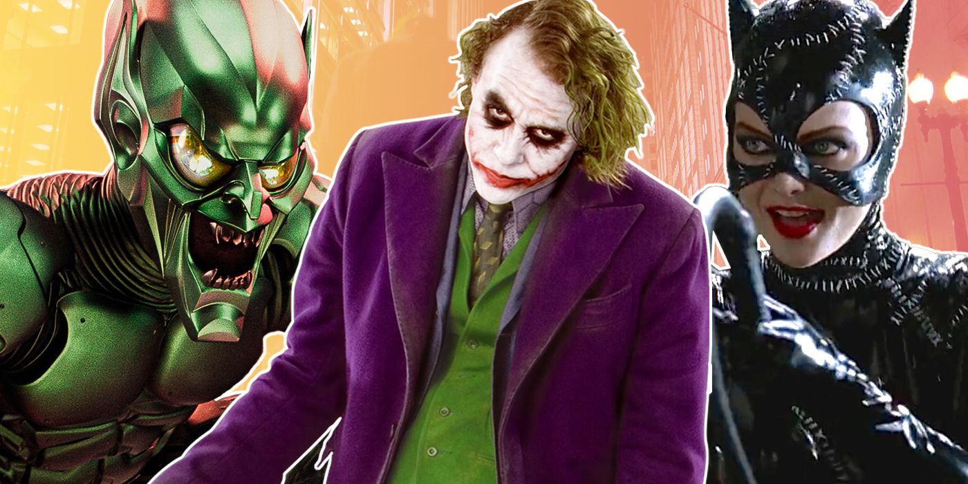 Heath ledger as Joker, with Willem Dafoe's Green Goblin and Michelle Pfeiffer's Catwoman in the background