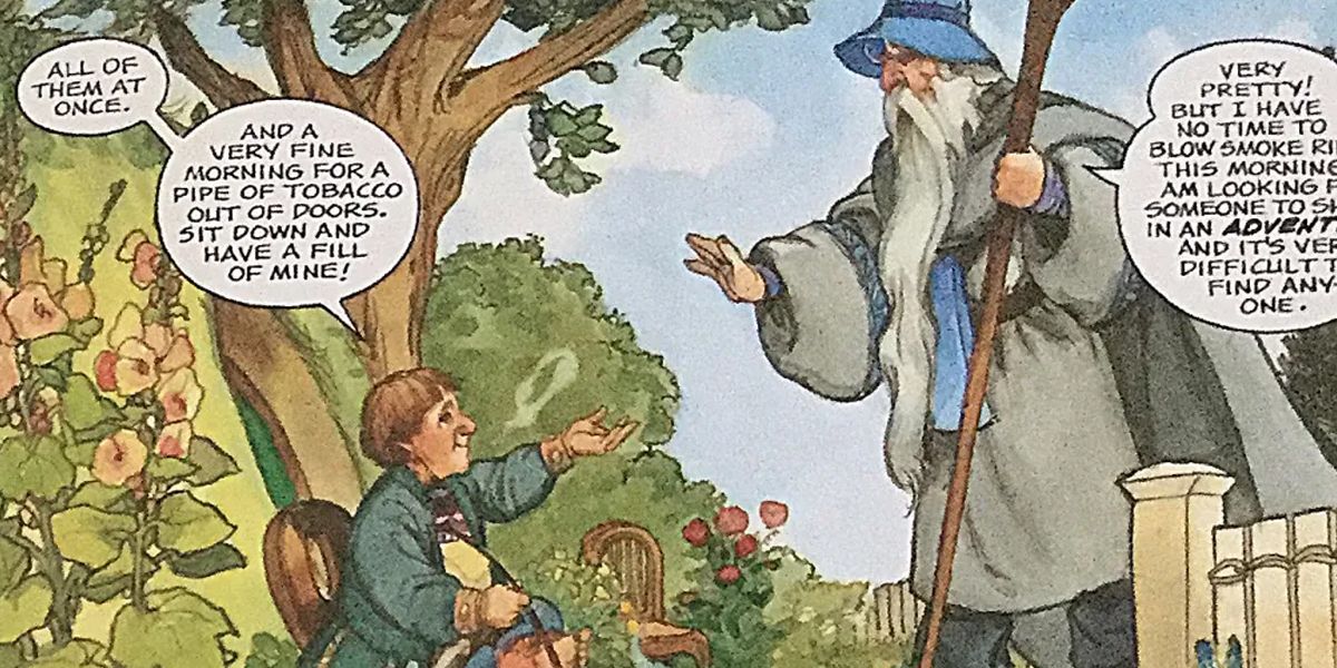 A Graphic Novel Hobbit com Gandalf e Bilbo em Hobbiton