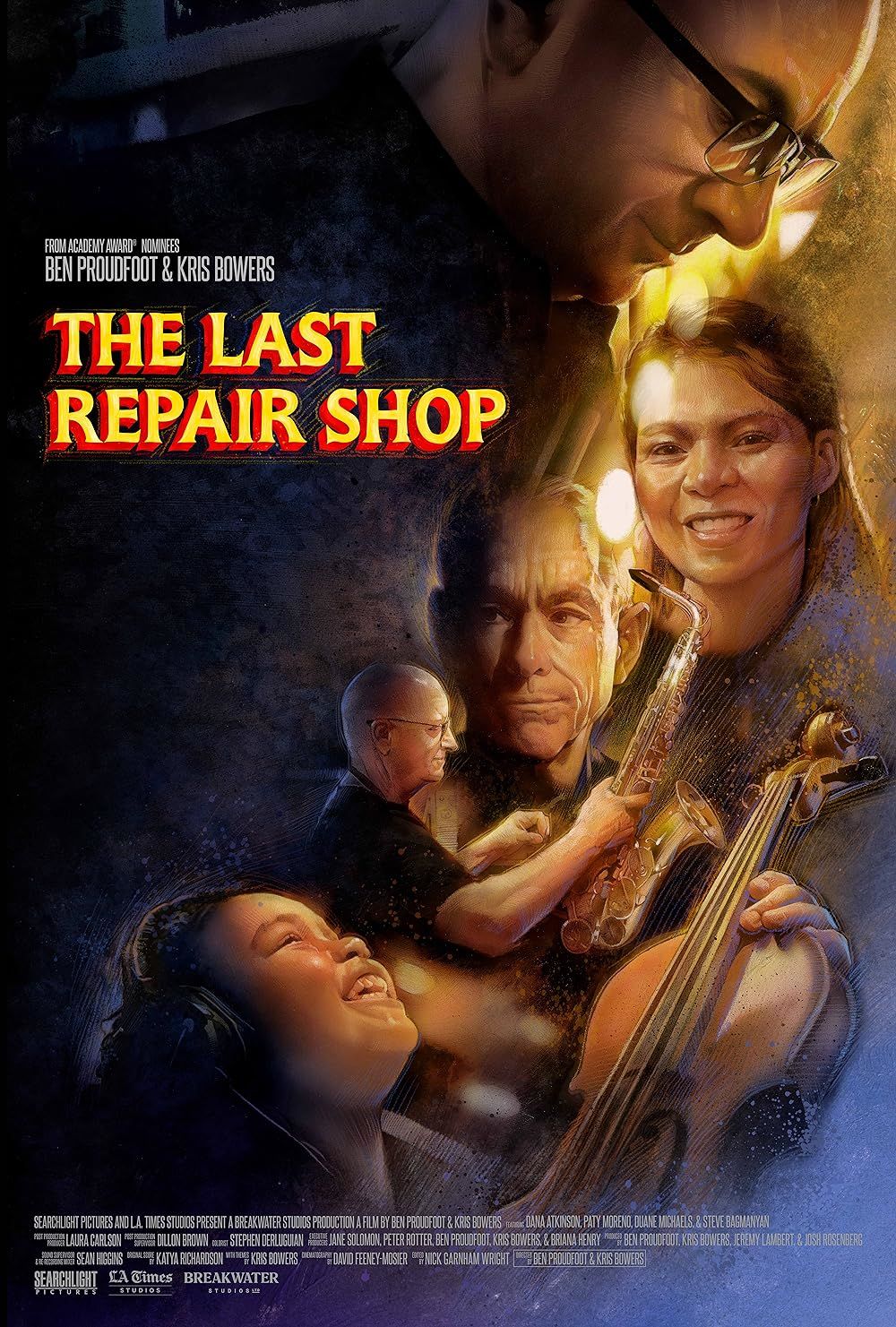 Craftspeople working on instruments as a student enjoys music in The Last Repair Shop