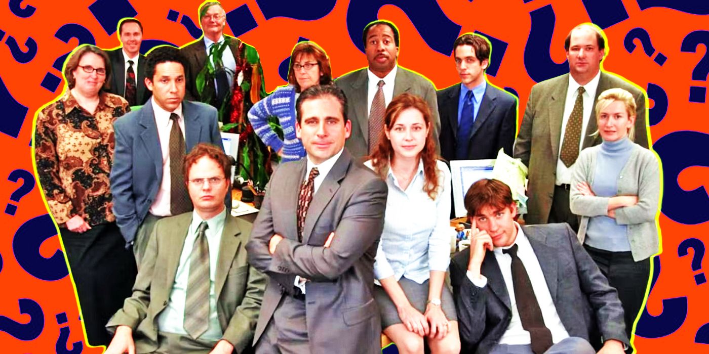 The Office cast in front of a red background with a bunch of question marks