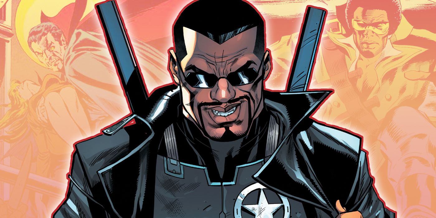 Blade with his first comic appearances in the background
