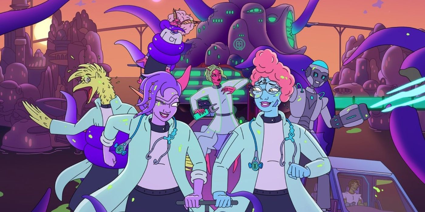 Dr. Sleech and Dr. Klak smile and push a detonator while other characters, like Dr. Vlam, are attacked by tentacles in The Second Best Hospital in the Galaxy.