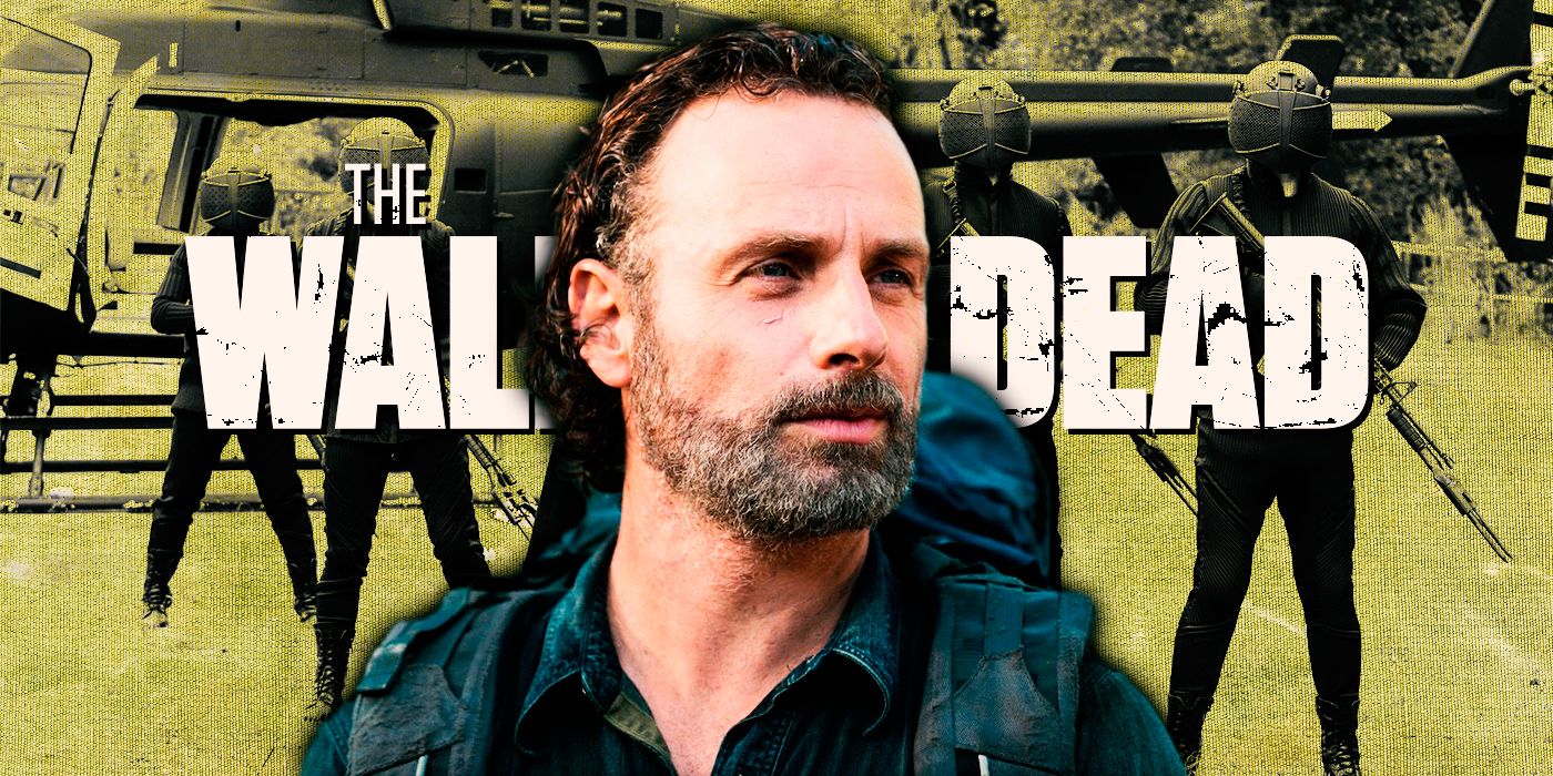 Rick Grimes frente al logo de The Walking Dead y soldados de CRM