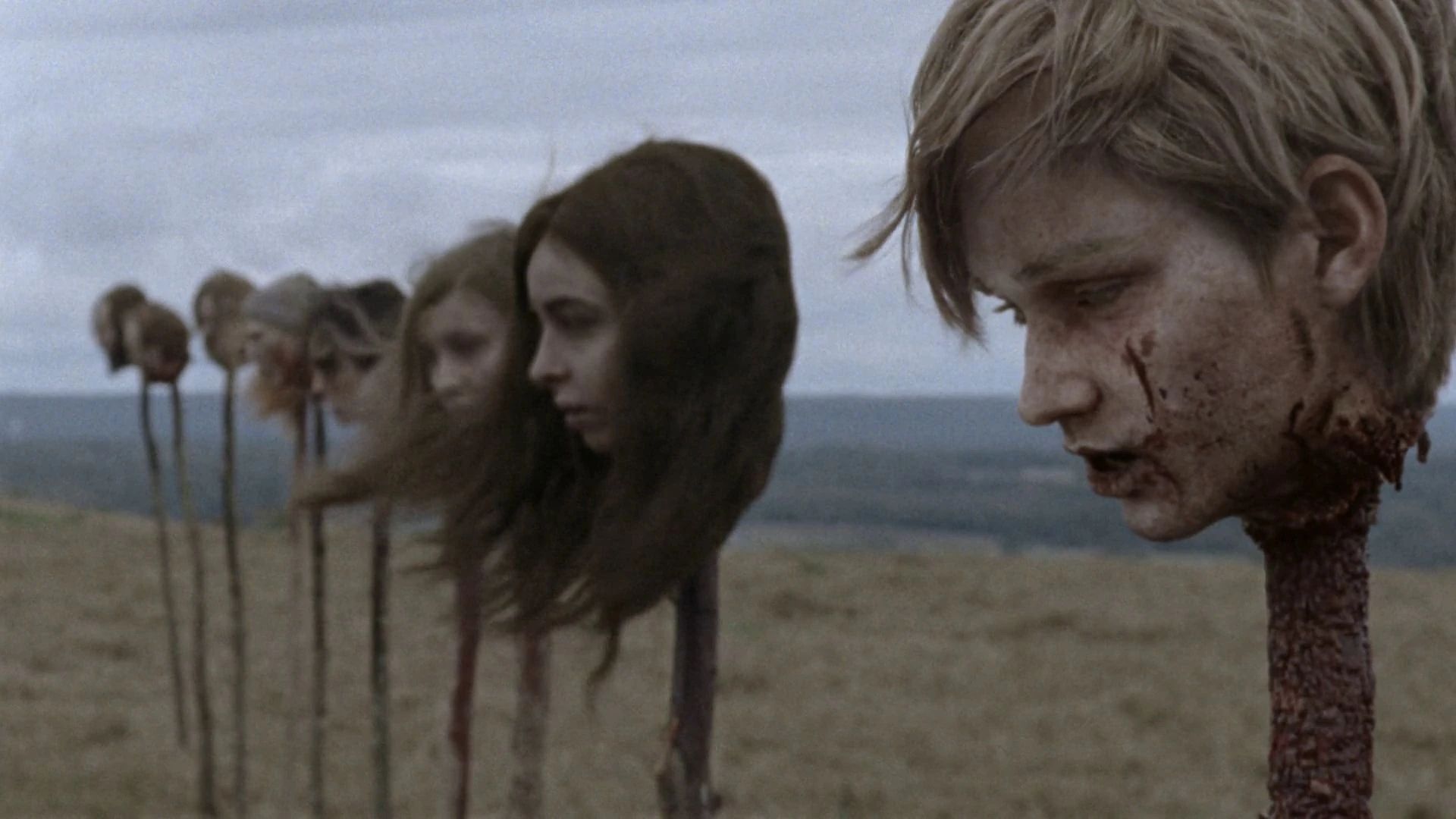 The heads of the Whisperers' victims on pikes in The Walking Dead.