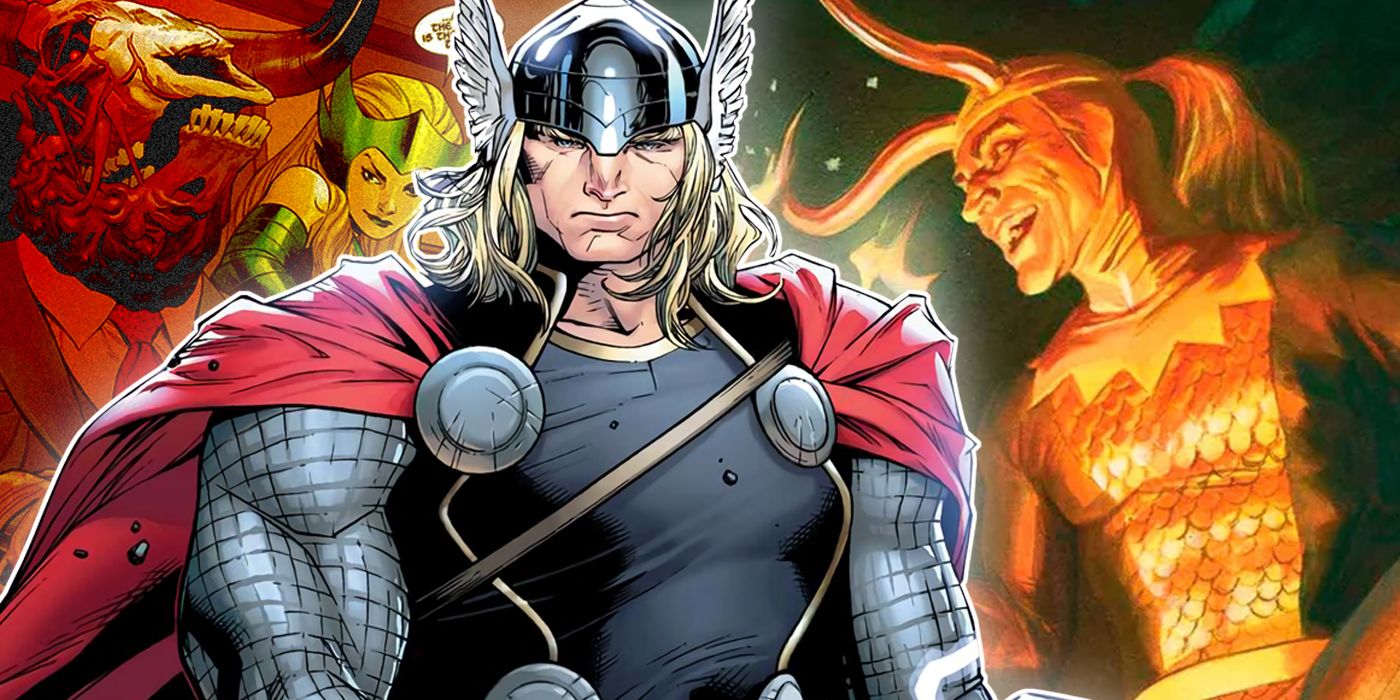 Thor with Loki, Dirk Agger, and Enchantress in the background from Marvel Comics
