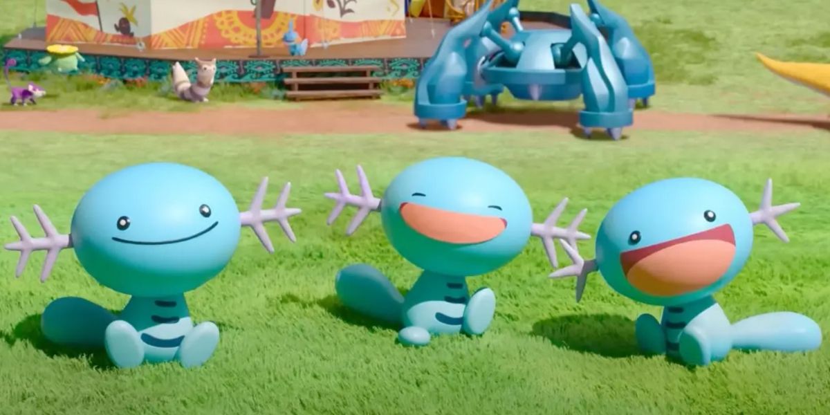 Três Pokémon Wooper sorridentes sentados em uma campina no Pokémon Concierge