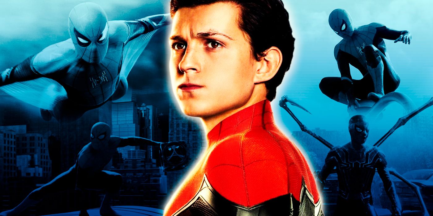Tom Holland's Spider-Man surrounded by images from his MCU trilogy