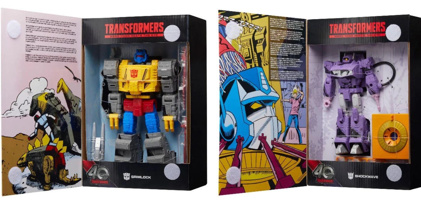 The Transformers Comic Edition Grimlock and Shockwave figures in their boxes.