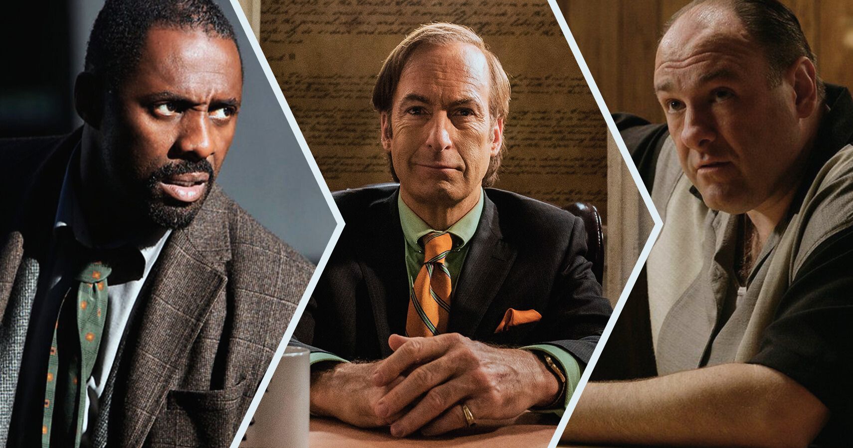 A split image of Luther in Luther, Saul in Better Call Saul, and Tony in The Sopranos
