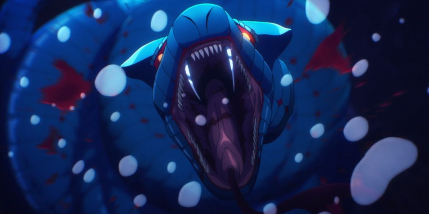 O Kasaka Blue Venom-Fanged do Solo Leveling ataca com suas presas.