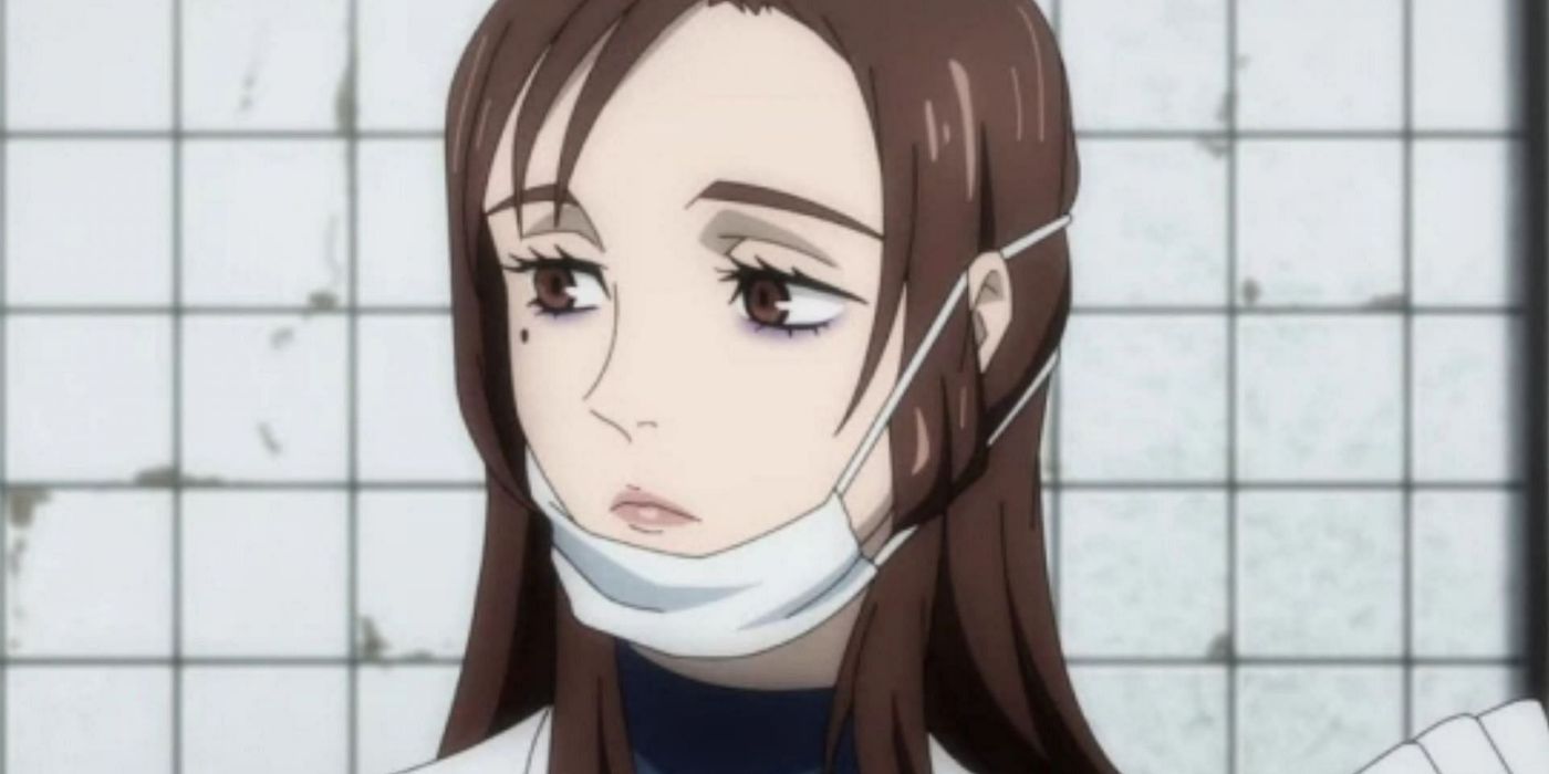 Shoko Ieri looks stoic with her medical mask pulled down in Jujutsu Kaisen