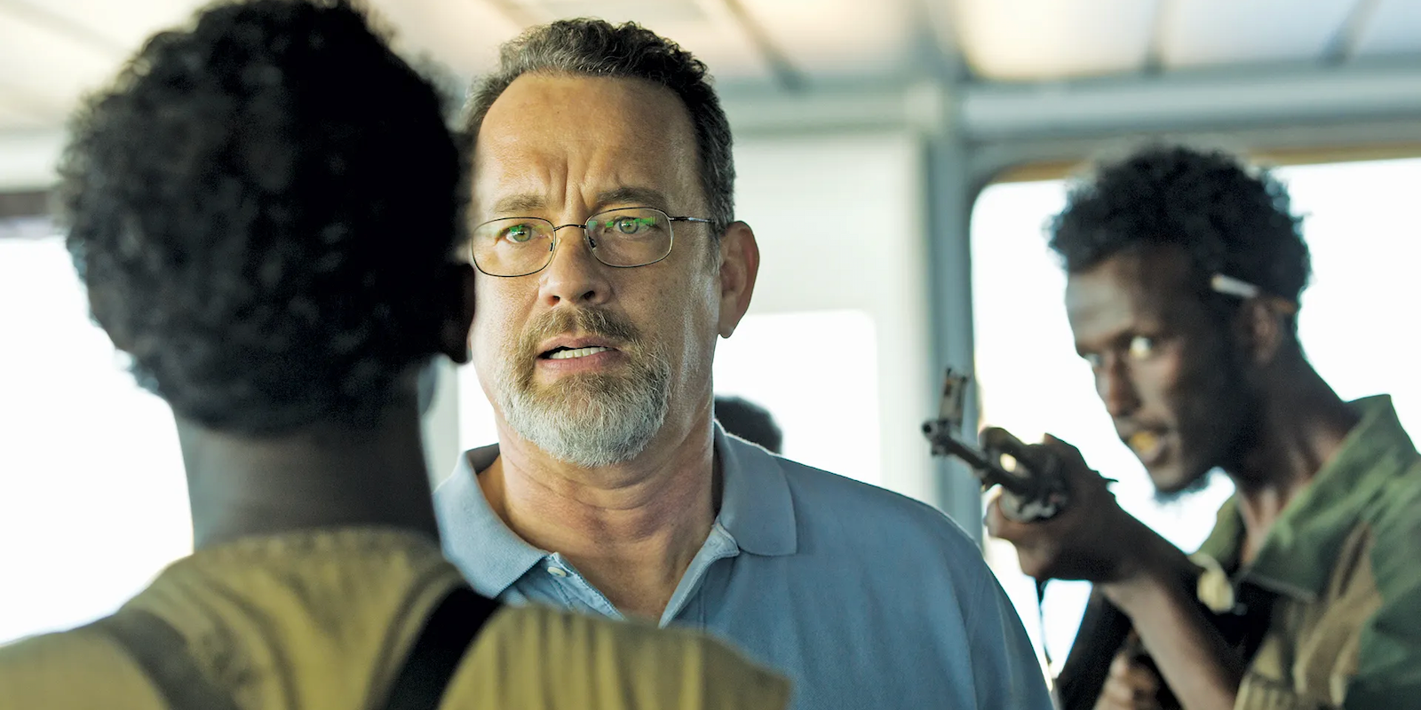 Tom Hanks negotiates with pirates in Captain Phillips 